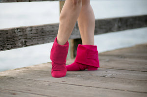 Aurora dance boots fuchsia pair folded down side and front