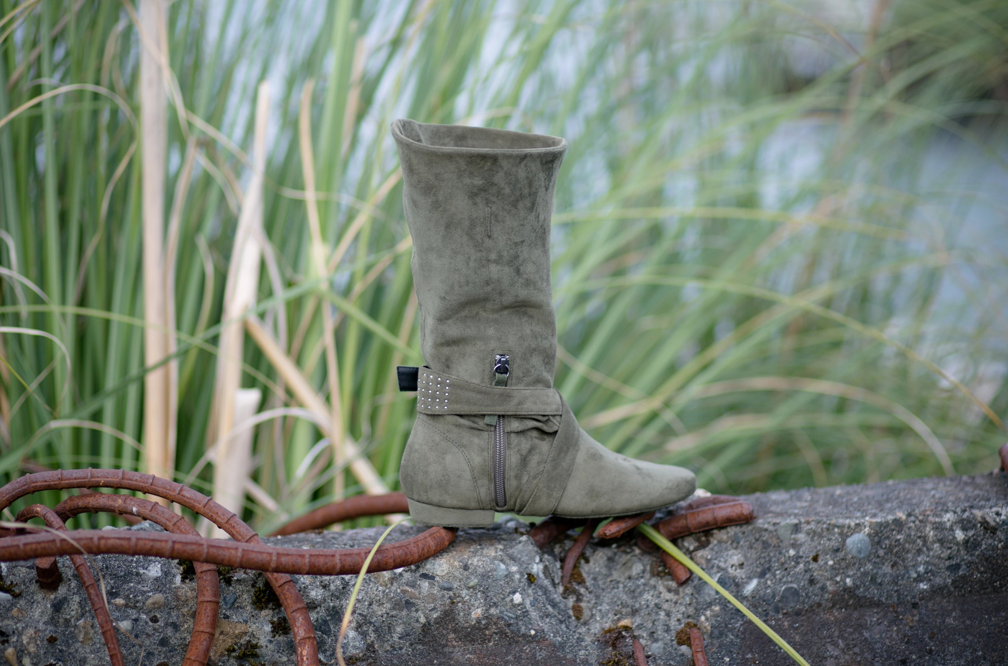 Aurora dance boots dark/olive green folded up, inside angle with strap and zipper
