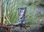Aurora dance boots silver metallic folded up inside angle with zipper and strap