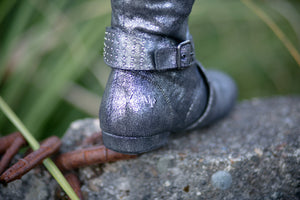 Aurora dance boots silver metallic folded up back angle with studded strap and MLF logo