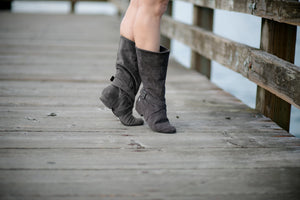Aurora dance boots dark grey charcoal pair folded up in action