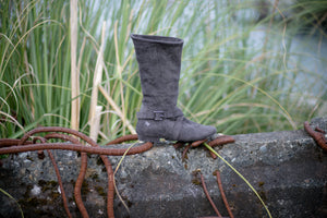 Aurora dance boots charcoal grey folded up right side with studded strap and logo