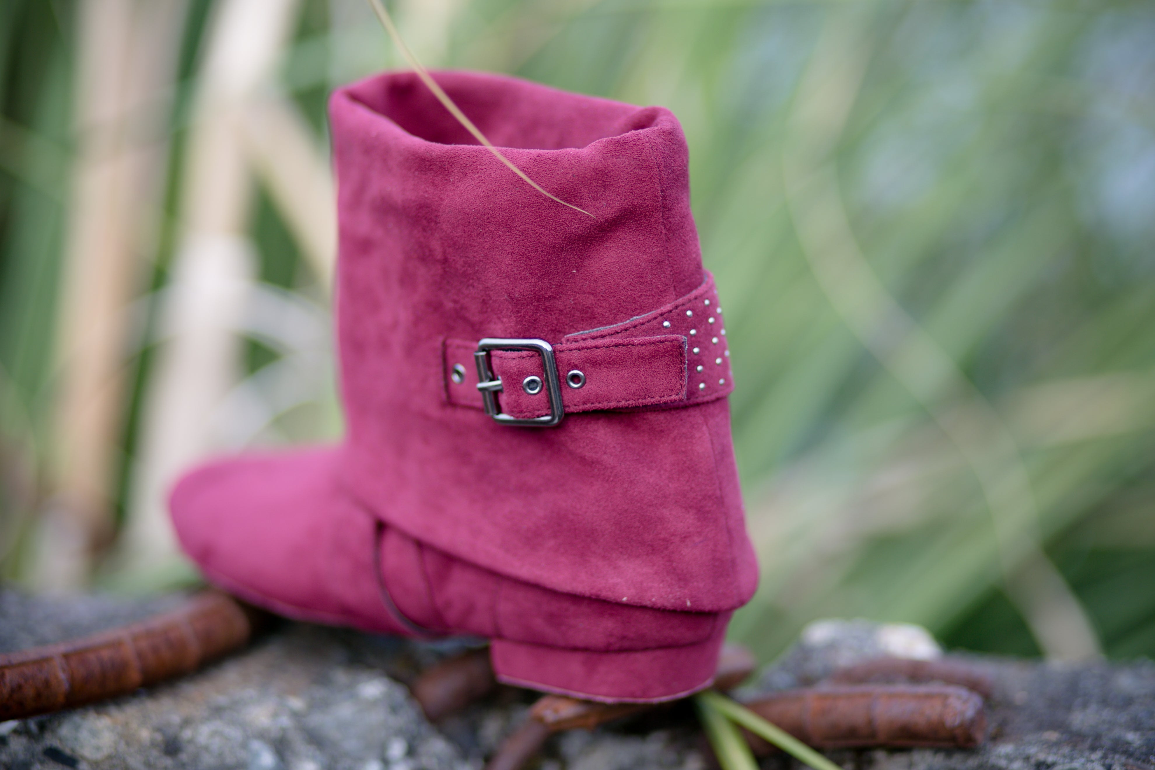 Aurora dance boots burgundy fold down left back angle with buckle and studs